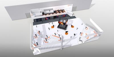 Computer-animated display of the Primetals Technologies trade fair booth at METEC 2015