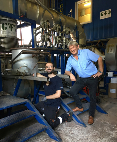 Iron ore pelletizing technologies: Thomas Schwalm, CTO at NewFer and Hans-Jörg Baumgartner at  test facility, Leoben