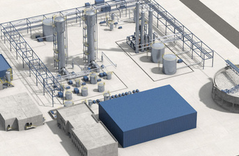 Layout em 3D da planta protótipo de granulação de escória a seco