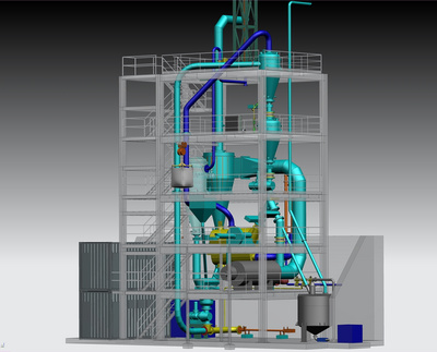 Computer-generated image of a direct reduction plant for iron ore fines developed by Primetals Technologies together with voestalpine Stahl Donawitz. The DR process is CO2-free and H2-based. A pilot plant for testing purposes will be set up at voestalpine Stahl Donawitz, Austria.