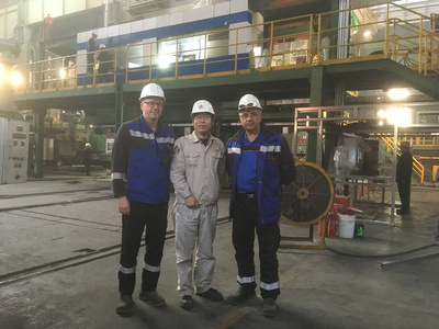 Primetals Technologies site manager Olaf Schwarze, Zhang Yong, director of steelmaking plant no 3., and Primetals Technologies commissioning manager Novica Mitic and (from left to right) in steelmaking plant no. 3