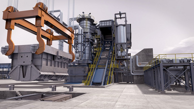 Computer animated 3D image of EAF Quantum electric arc furnace by Primetals Technologies